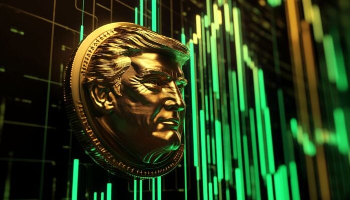 TRUMP仮想通貨の急落と回復を表現したトークンとチャートの3D画像